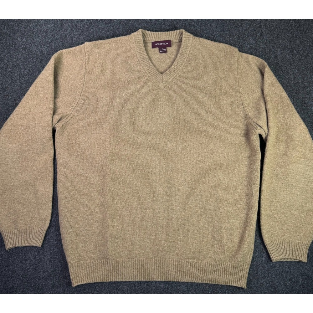 Nordstrom 100% Lambswool V Neck Relaxed Beige Sweater Mens Sz Large Wool Italy